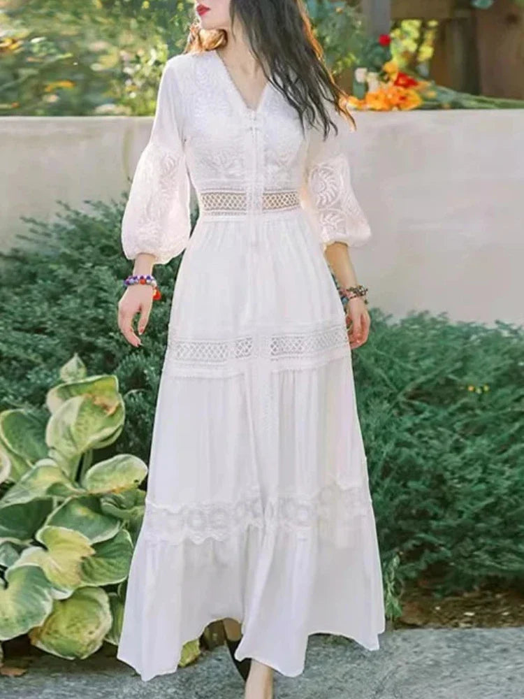 Wjczt Bohemian White Beach Dress Women Elegant Party Dresses Spring Auutm V-neck Sexy Hollow Out High Waist Long Robe Vestidos Pencil Length Work