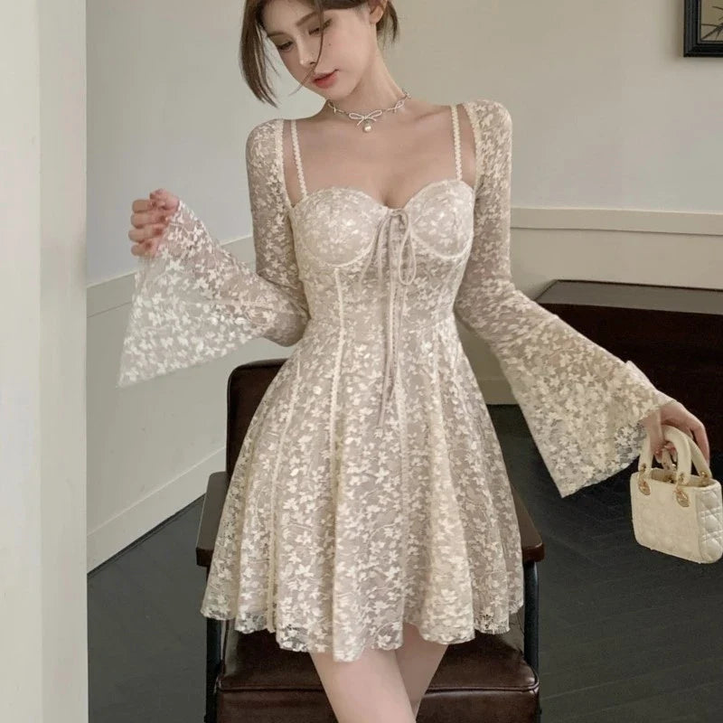 Wjczt Sexy Lace Mini Dresses for Women Flare Sleeve Square Collar Corset Slim A-line Wedding Birthday Party Dress Y2K Prom Vestidos Off-the-shoulder Chic Trendy
