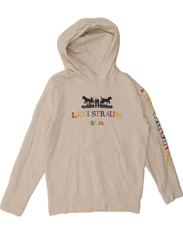 LEVI'S Womens Graphic Hoodie Jumper UK 10 Small White Cotton Hoodie with Embroidery Detailed Premium
