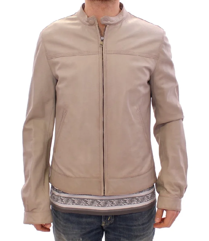 Elegant Beige Leather Lambskin Jacket Herringbone Jacket Houndstooth Jacket Plaid Jacket