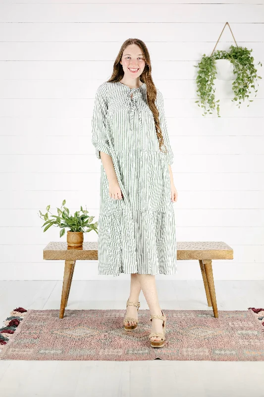 Arena Stripe Dress - Sage Maxi Flowy Bohemian