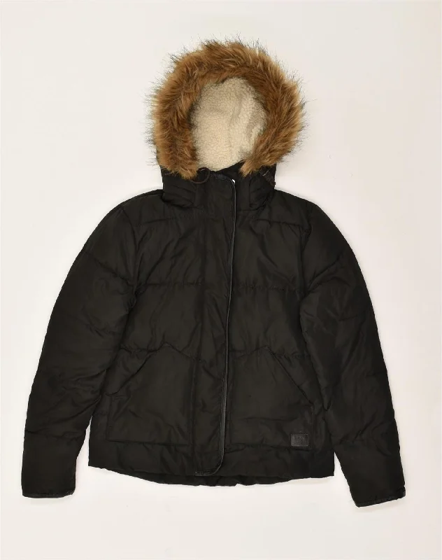 LEE Womens Hooded Padded Jacket UK 10 Small Black Polyester Print Jacket Jacquard Jacket Embroidered Jacket