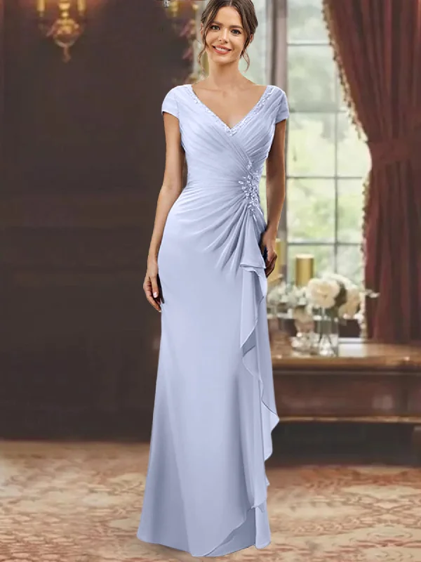Sheath/Column V-Neck Short Sleeves Floor-Length Mother of the Bride Dresses With Ruffles & Appliques Tunics Cozy soft