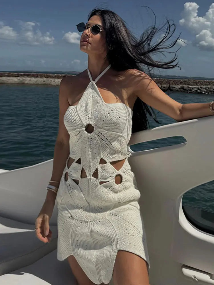 Wjczt Sexy Knit Hollow Out Dress Women Slim Lace Up Off Shoulder Backless Female Party Dresses 2024 Summer Fashion Lady Beach Vestidos Tunics Wedding white