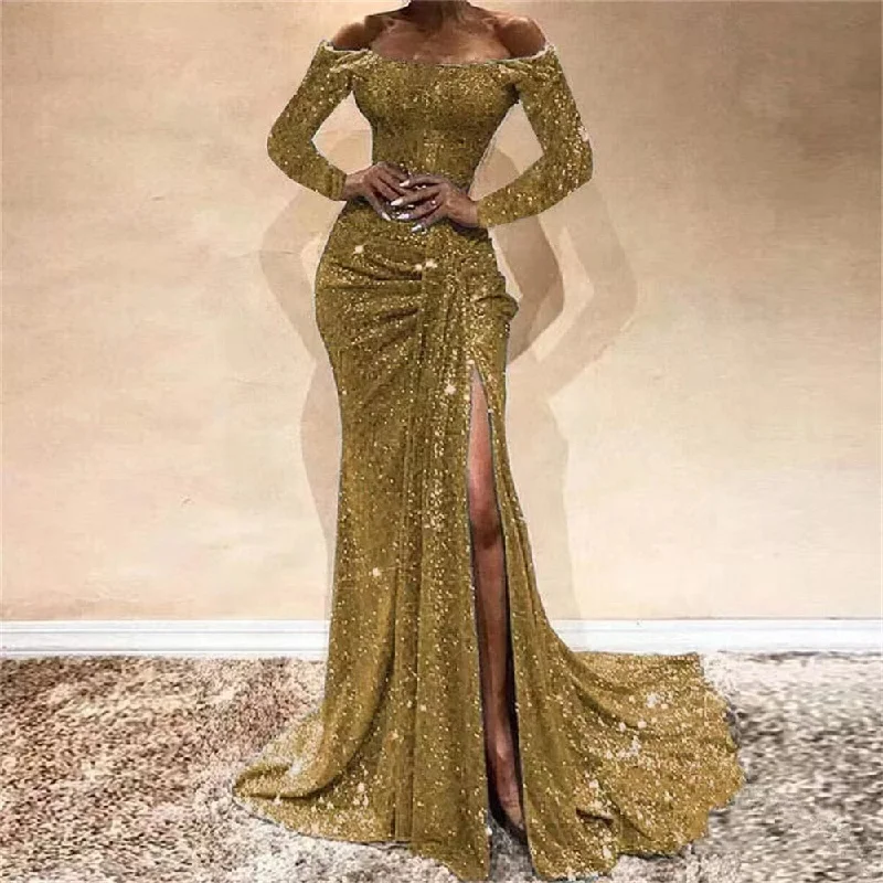 Wjczt Women Fashion Sequins Prom Dress Sexy Off Shoulder Long Sleeve Party Dress Elegant High Side Split Mermaid Evening Gowns Tunics Spring floral