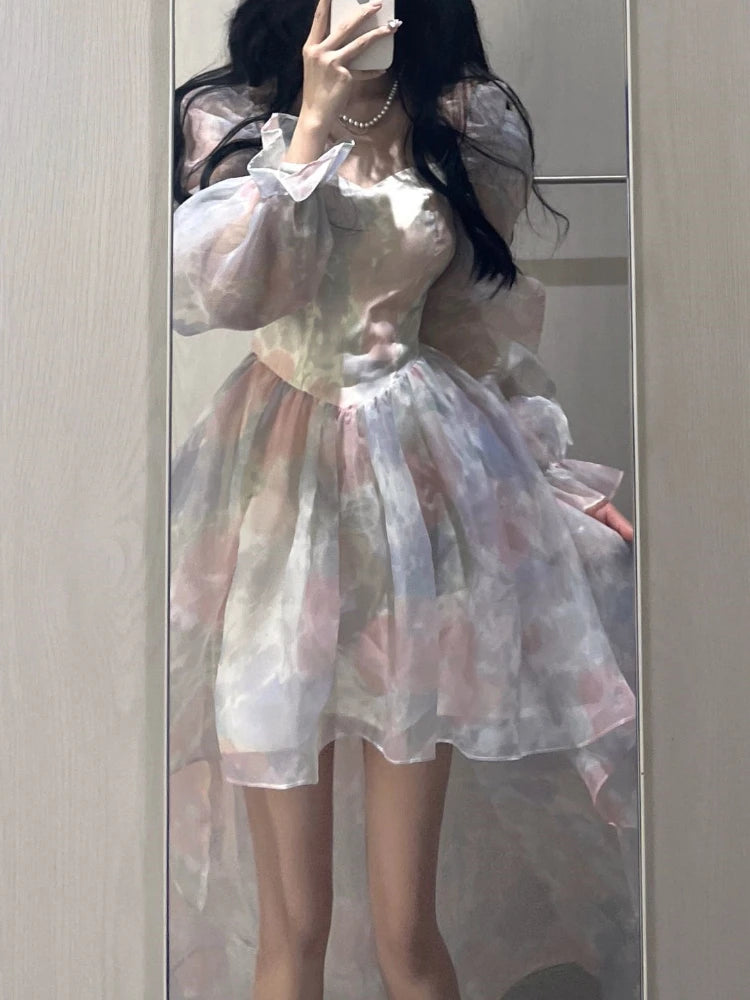 Wjczt Sweet Elegant Floral Midi Dress Women Casual Korean Puff Sleeve Fairy Dress Female Beach Vintage Party Dresses 2024 Summer Chic Cowl Neckline Elegant