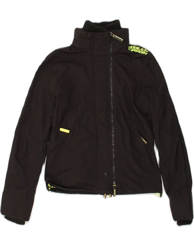 SUPERDRY Womens Windcheater Rain Jacket UK 10 Small Black Nylon Zippered Front Buttoned Front Snap Front