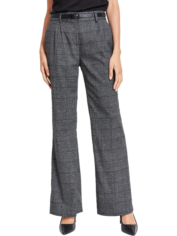 Womens Pleated Glen Plaid Wide Leg Pants Soft Sweatpants Style