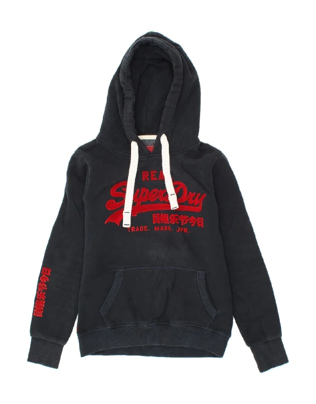 SUPERDRY Womens Graphic Hoodie Jumper UK 10 Small Navy Blue Cotton Hoodie with Rolled Sleeves Casual Relaxed