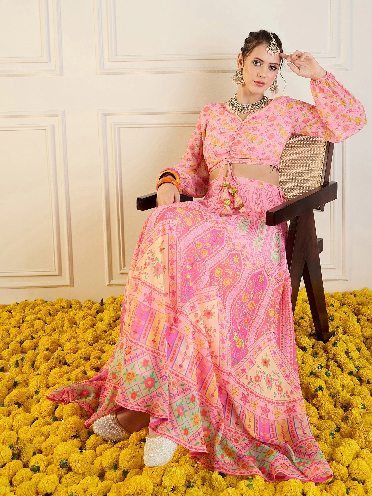 Women Pink Floral Anarkali Skirt With Ruching Crop Top-SHSET95946 lace skirt elegant
