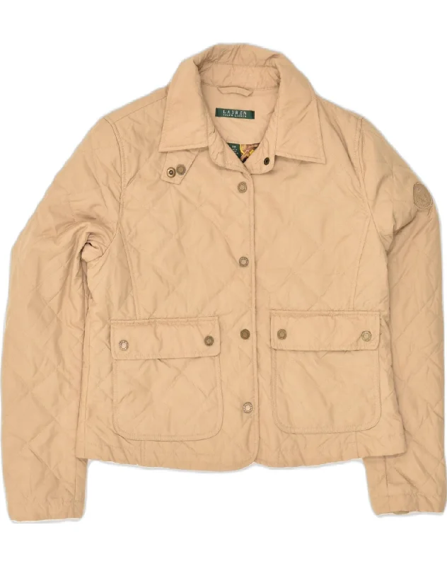 RALPH LAUREN Womens Petite Quilted Jacket UK 14 Medium Beige Polyester Satin Jacket Silk Jacket Chiffon Jacket