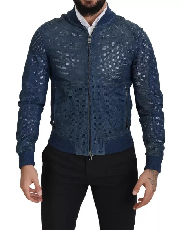 Blue Leather Perforated Full Zip Jacket Quilted Jacket Puffer Jacket Insulated Jacket