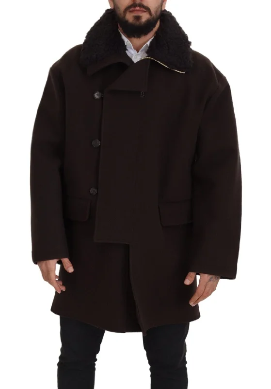 Elegant Dark Brown Shearling Coat Jacket Bomber Jacket Anorak Windbreaker