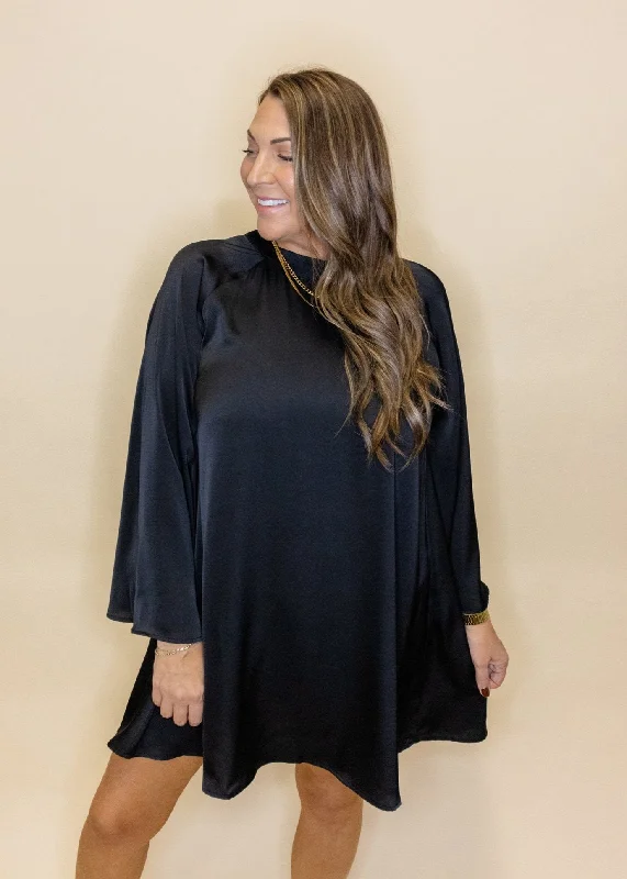 Black Satin Flowy Sleeve Dress Tunics Yoga stretchy