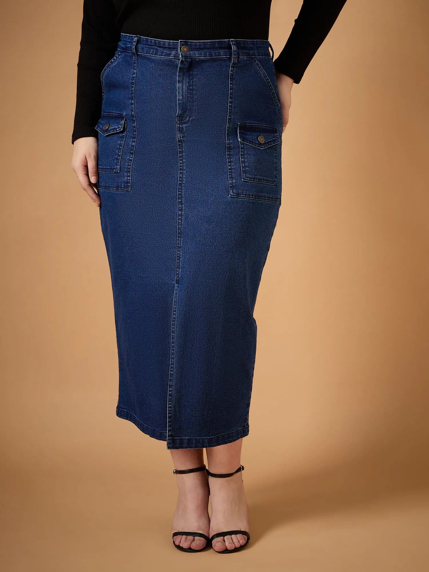 Women Navy Denim Wash Front Slit Skirt-SFSKRT30465 silk skirt lustrous