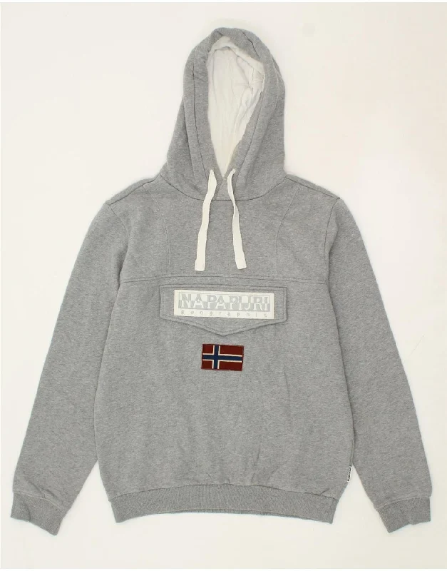 NAPAPIJRI Womens Graphic Hoodie Jumper UK 14 Medium Grey Cotton Hoodie with Drawstring Waist Adjustable Fitted