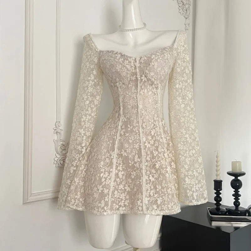 Wjczt Sexy Lace Mini Dresses for Women Square Collar Flare Sleeve Slim Waist A-line Evening Party Dress Wedding Prom Short Vestidos Tunics Sophisticated sleek