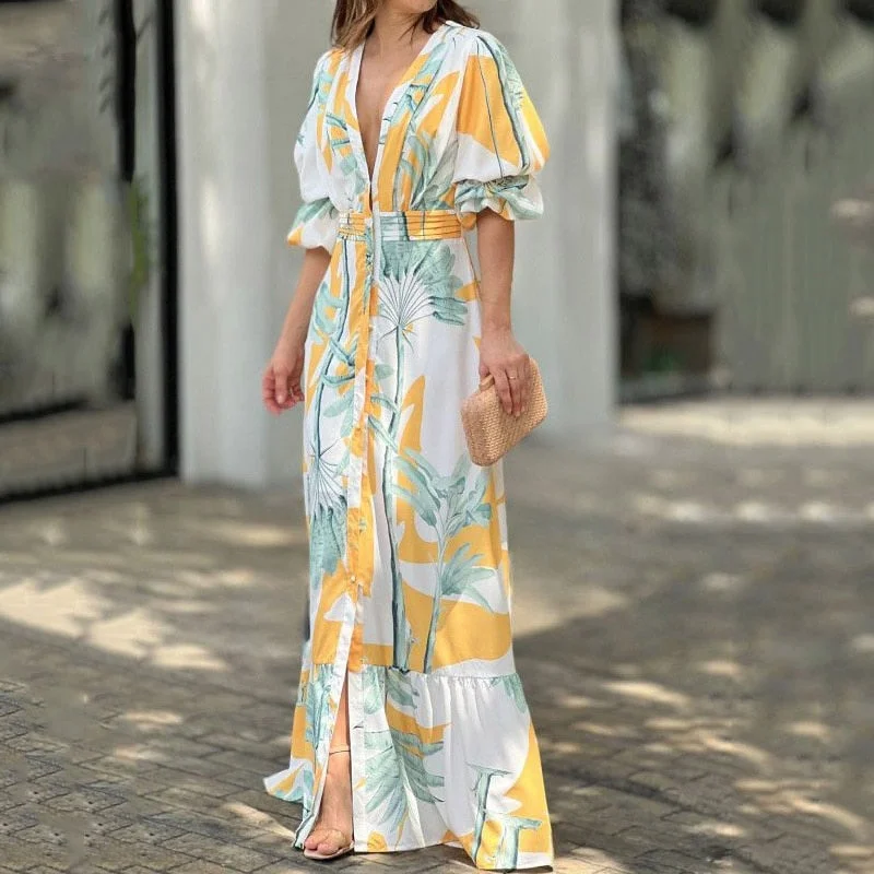 Wjczt Women Maxi Dress Summer Stylish Print Short Puff Sleeve V Neck Nipped Waist Slim Single Row Button Beach Party Dresses Tunics Occasion special