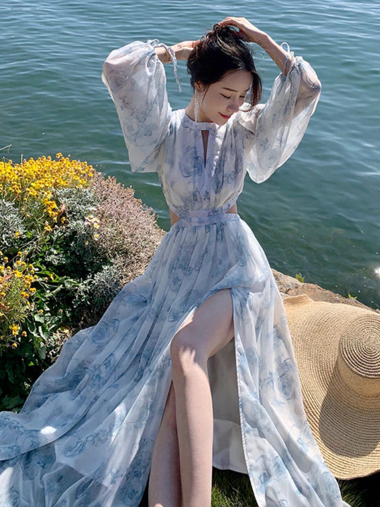 Wjczt Causal Vintage Hollow Out Floral Dress Women 2023 Autumn Chiffon Elegant Long Split Dress Female Korea Beach Evening Party Dress Tunics Luxurious high-end