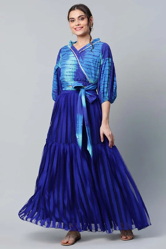 Stunning Blue Crepe Printed Top With Skirt zip skirt side