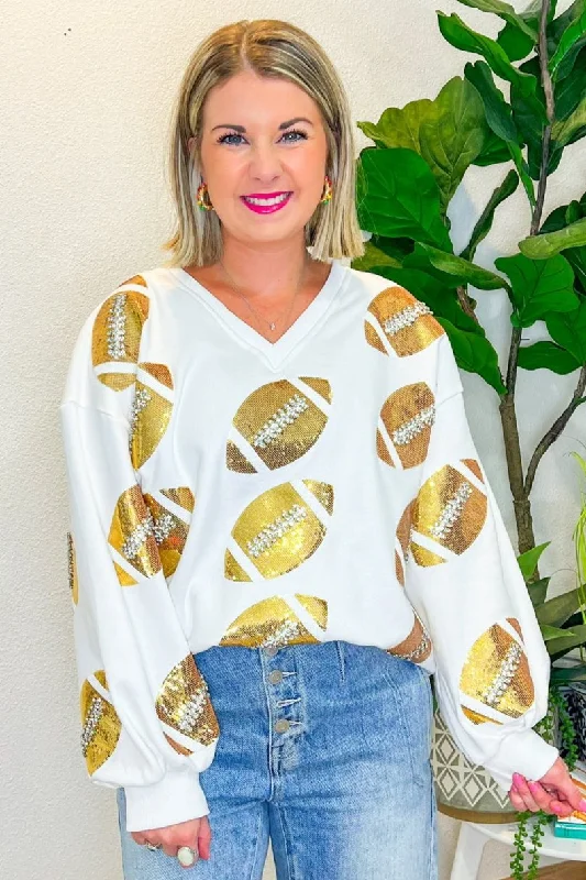 Rhinestone Football Sweatshirt - White/Gold Hoodie with Patch Decorative Personalized