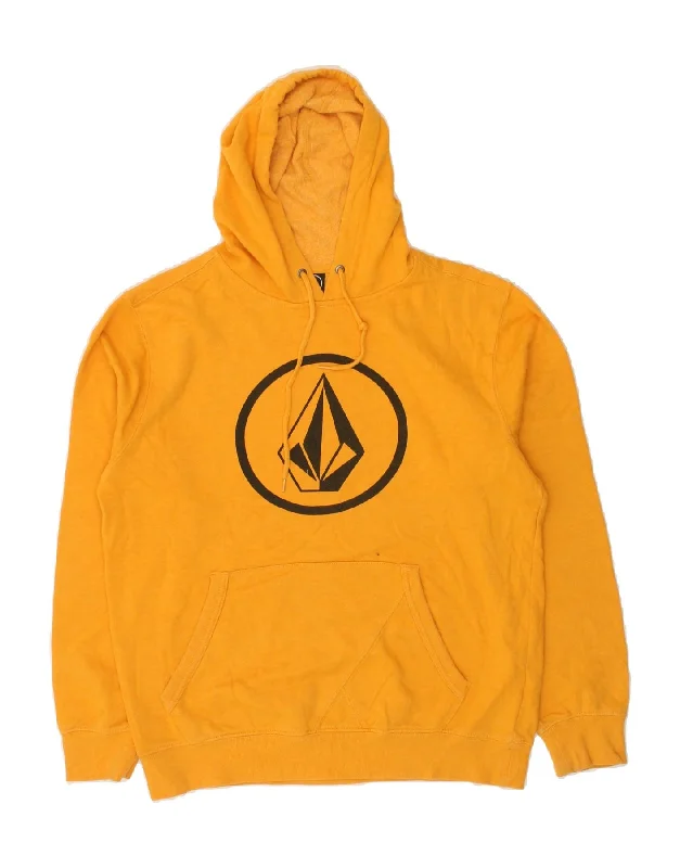 VOLCOM Womens Graphic Hoodie Jumper UK 14 Medium Yellow Cotton Hoodie with Strings Custom Fit Adjustable