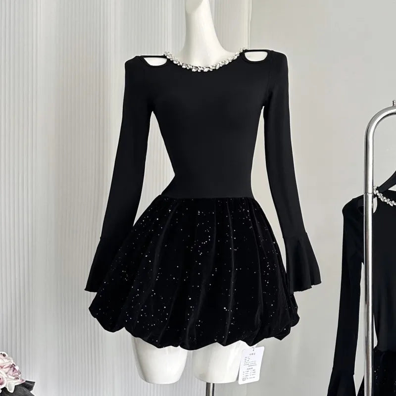 Wjczt Autumn New Princess Evening Party Dresses Women Hollow Out Knitted Dress Patchwork A-line Korean Fashion Shiny Prom Mini Vestido Boatneck Modish Everyday