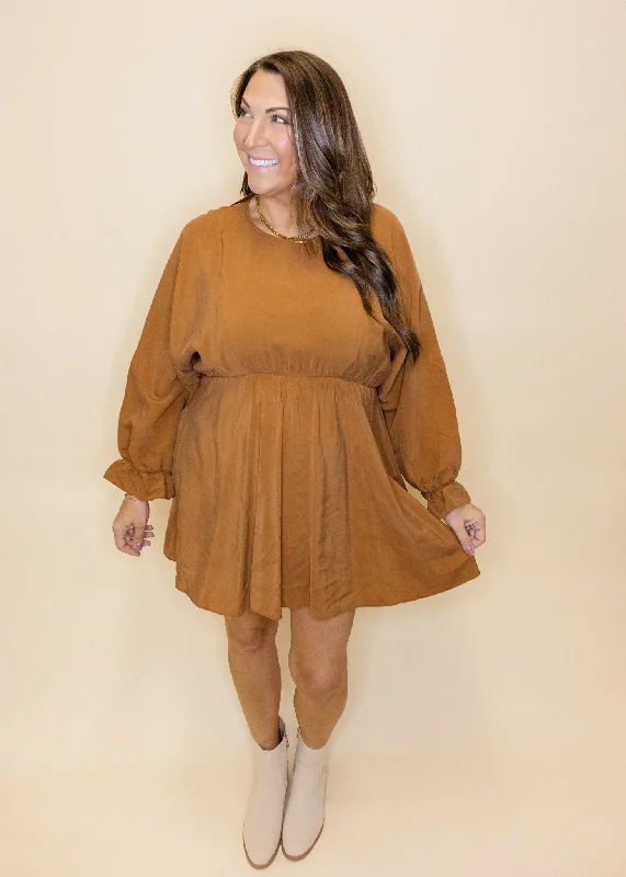 Camel Long Sleeve Satin Dress Tunics Yoga stretchy