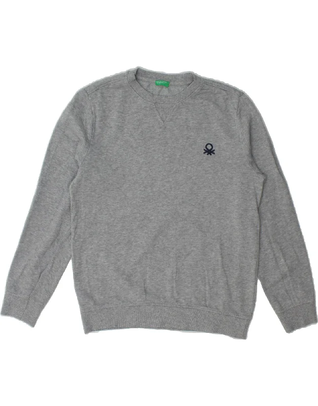BENETTON Womens Sweatshirt Jumper UK 14 Medium Grey Cotton Hoodie with Hem Applique Textured Unique