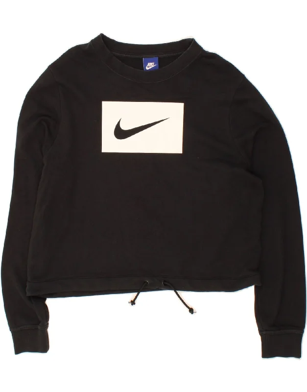 NIKE Womens Graphic Crop Sweatshirt Jumper UK 16 Large Black Cotton Hoodie with Half-Zip Sporty Casual