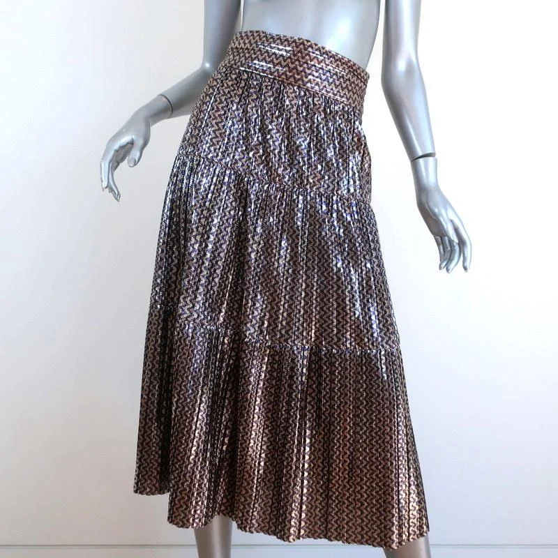 Ba&sh Tiered Midi Skirt Gold Poly Pleated Metallic Chevron Print Size Small NEW high slit skirt