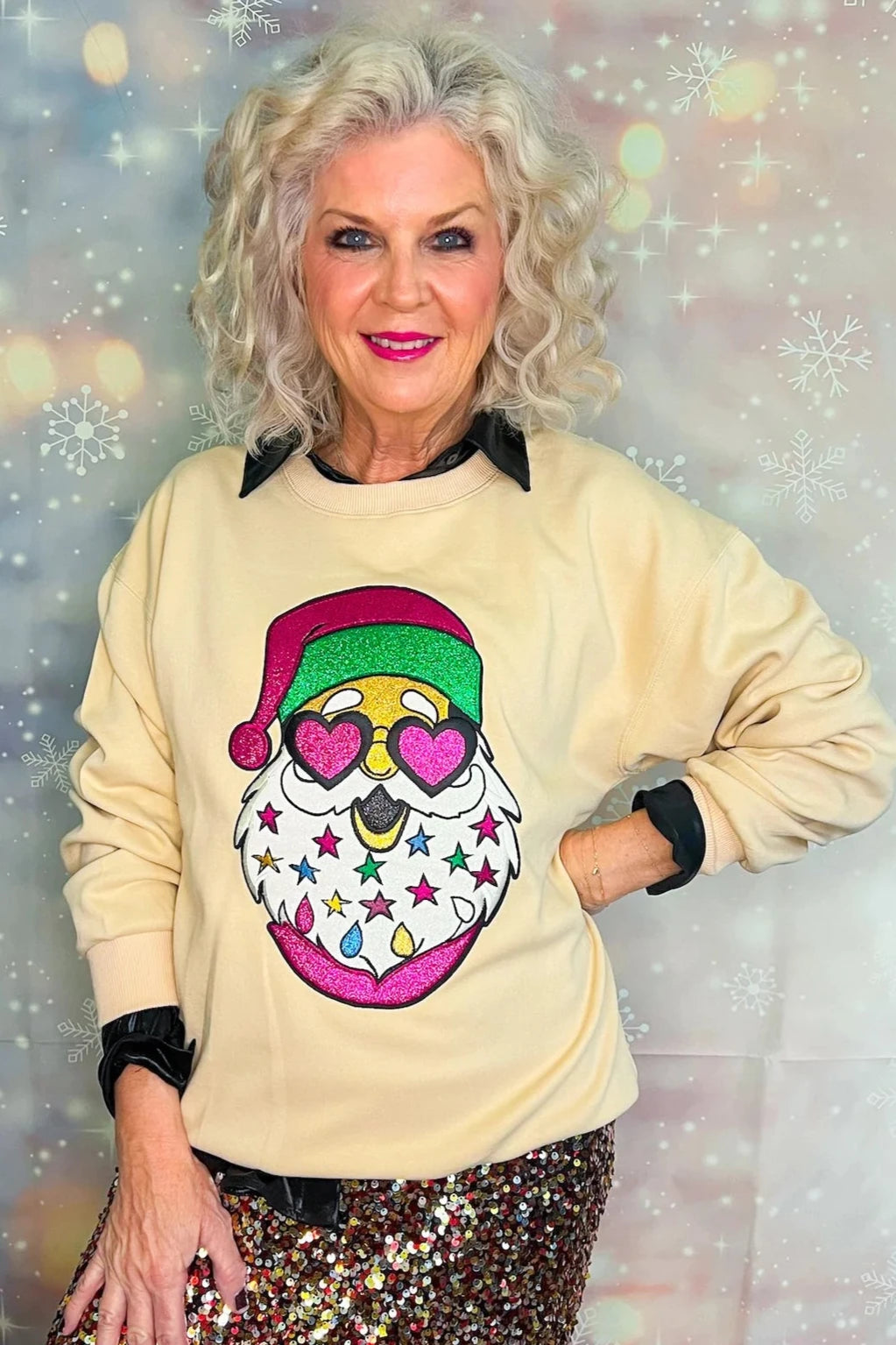 Heart Eyed Santa Sweatshirt - Beige Hoodie Jacket Zipper Layering