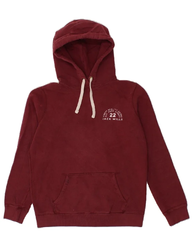 JACK WILLS Womens Oversized Graphic Hoodie Jumper UK 8 Small Maroon Cotton Hoodie with Drawstring Waist Adjustable Fitted