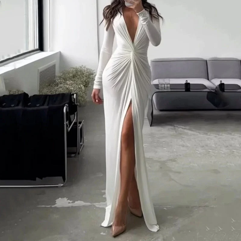 Wjczt Women Maxi Dress Summer Fashion Sexy Slit V Neck Long Sleeve Solid Slim Pleated Evening Party Dresses High Streetwear Tunics Fall fleece
