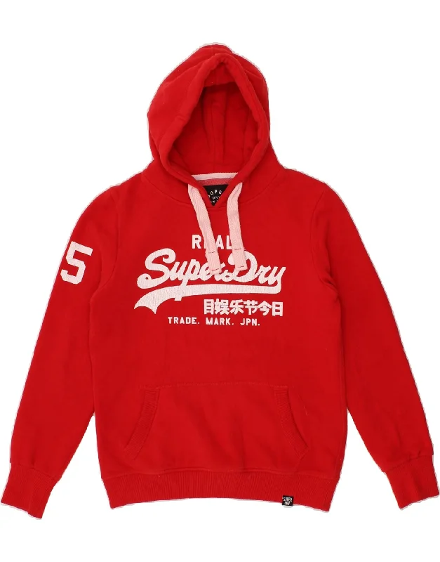 SUPERDRY Womens Graphic Hoodie Jumper UK 12 Medium Red Cotton Hoodie with High-Low Hem Asymmetrical Trendy