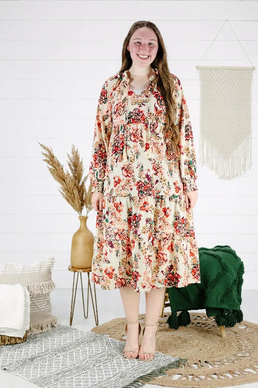 Avril Floral Dress - Cream Crew Neckline Casual