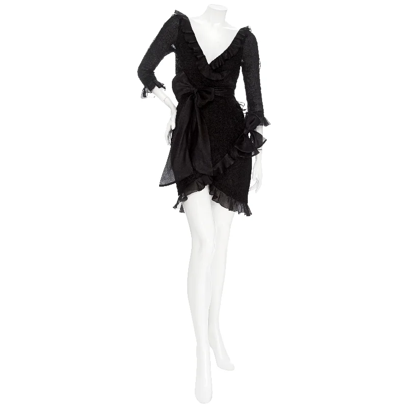 1980s Black Silk Ruffled Bow Dress Tunics Corduroy durable