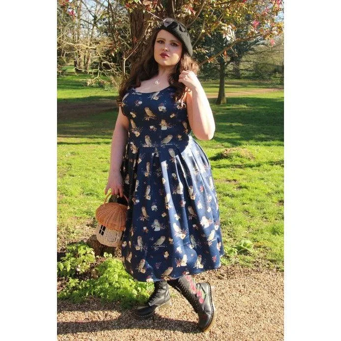 Dolly & Dotty Amanda Fit and Flare Dress Owl & Letter Print in Dark Blue Tunics Denim casual