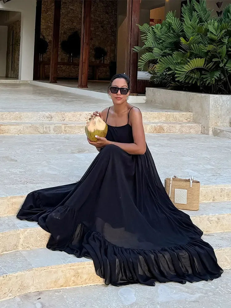 Wjczt Loose Hem Black Ruffles Sling Long Dress Sexy Women Off Shoulder Backless Sleeveless Robes Chic Lady Holiday Party Dresses Tunics Bridal satin