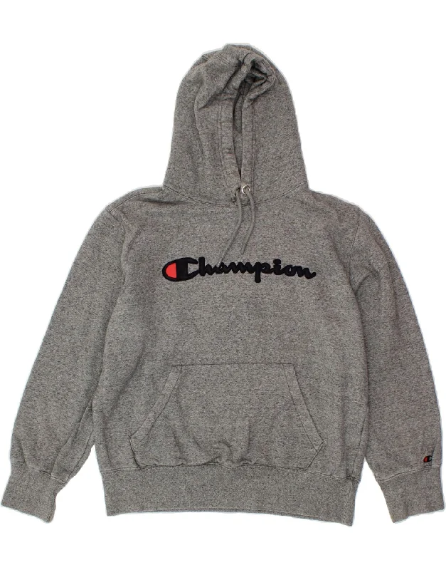 CHAMPION Womens Graphic Hoodie Jumper UK 18 XL Grey Flecked Cotton Hoodie with Print Artistic Unique