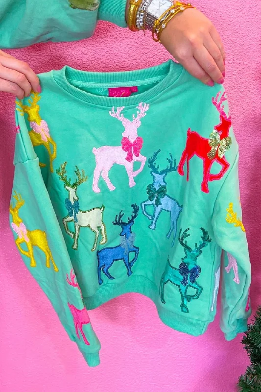 Kids Velvet Reindeer & Bows Sweatshirt - Mint Hoodie with Button Classic Timeless