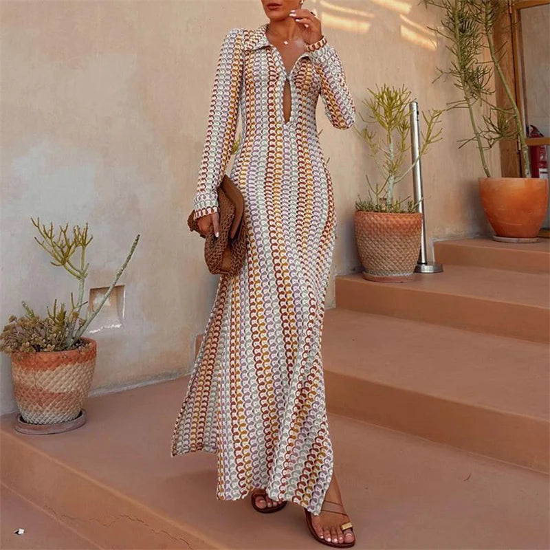 Wjczt Crochet Dress y2k Clothes Women Geometric Print Turn Down Collar Long Sleeve Long Dresses Vintage Beach Party Dresses High-Low Hemline Casual
