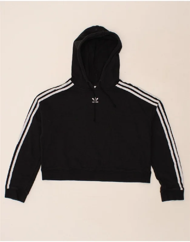 ADIDAS Womens Crop Oversized Hoodie Jumper UK 10 Small Black Cotton Hoodie with Tied Waist Feminine Flattering
