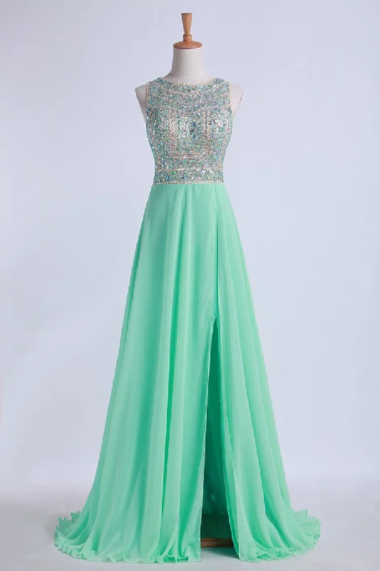 Tow-Tone Bateau Open Back Prom Dresses A-Line Beaded Bodice With Slit Chiffon