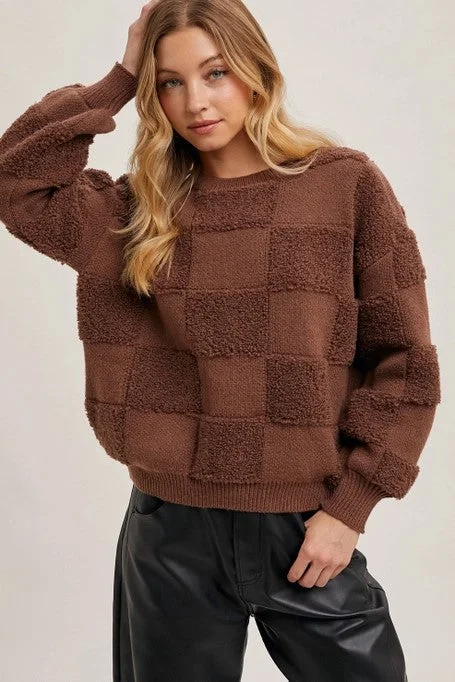 Check In On Me Brown Checkered Knit Sweater Boxy Sweater Fitted Sweater A-Line