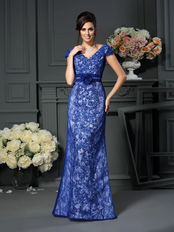 Trumpet/Mermaid V-neck Beading Short Sleeves Long Satin Mother of the Bride Dresses TPP0007214