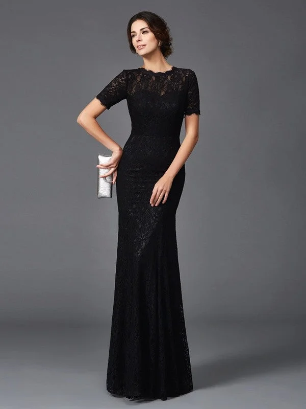 Sheath/Column Jewel Lace Short Sleeves Long Elastic Woven Satin Mother of the Bride Dresses TPP0007142