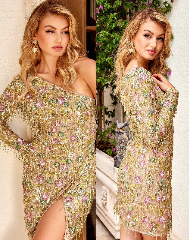 Primavera Couture 4020 Homecoming Dress Long Sleeve One Shoulder Floral Embroidered Fringe And Slit Homecoming Dress