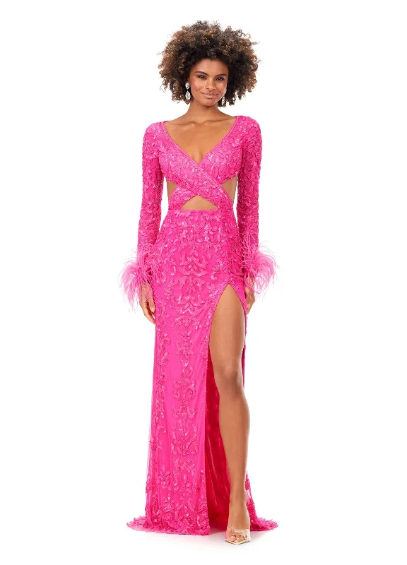 Ashley Lauren 11364 Long Prom Dress Criss Cross Bodice Beaded Gown Sleeves Feather Formal Pageant