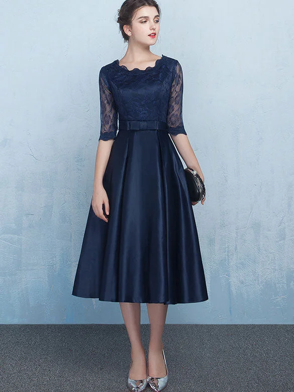 Beige Blue Fit & Flare Tea-Length Prom Dress